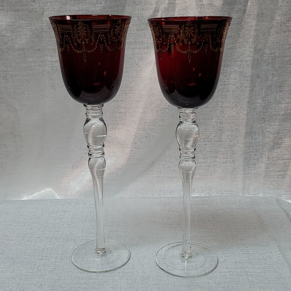 Gorgeous Set Of Ruby Red Bohemian Crystal Wine Glasses/Candle Holders W/Gold